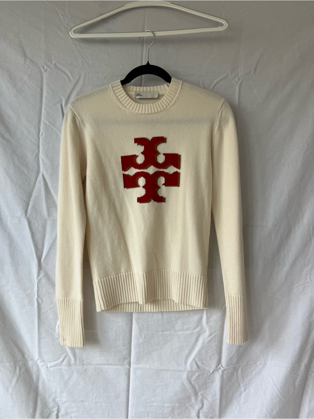 Tory Burch Cream Crewneck Sweater with Red Logo